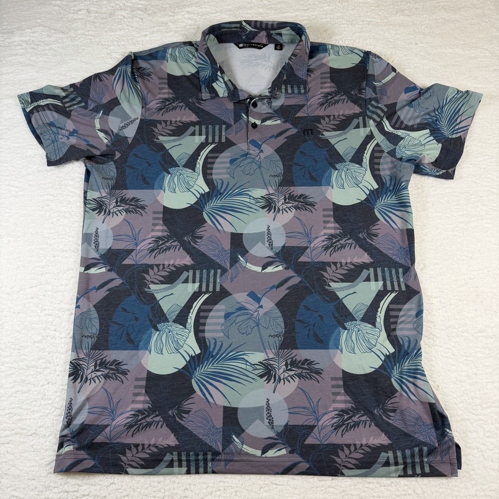 TravisMathew Mens XXL Golf Polo Tropical Floral Print Performance Shirt Blue